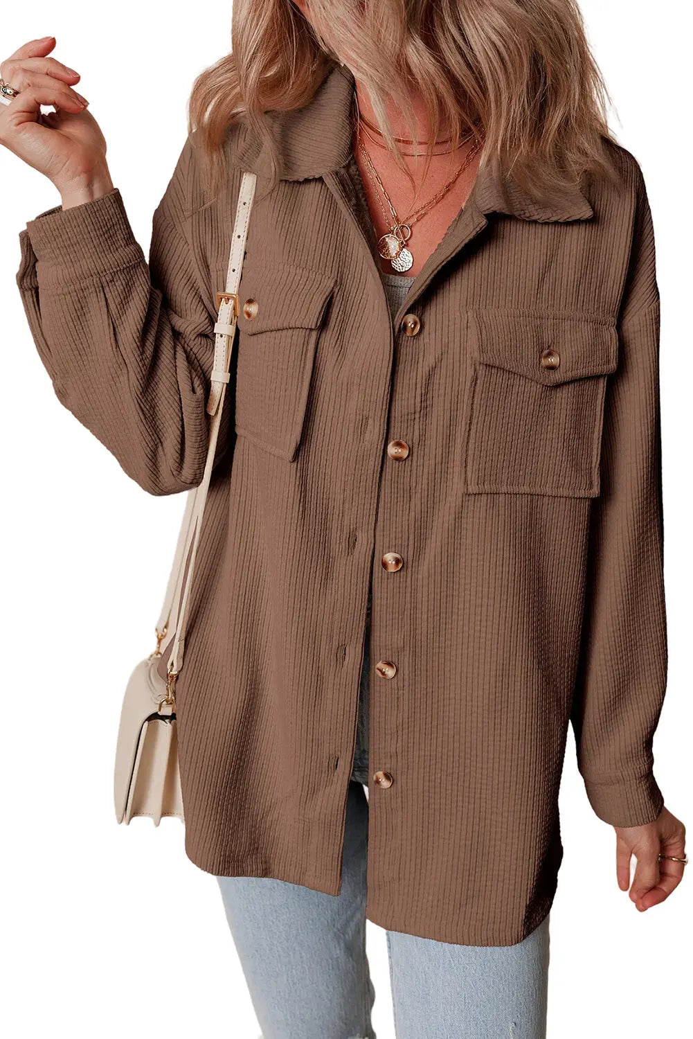 Chestnut Corduroy Flap Pocket Button Up Shacket Beagle Boutique Fashion Outlet