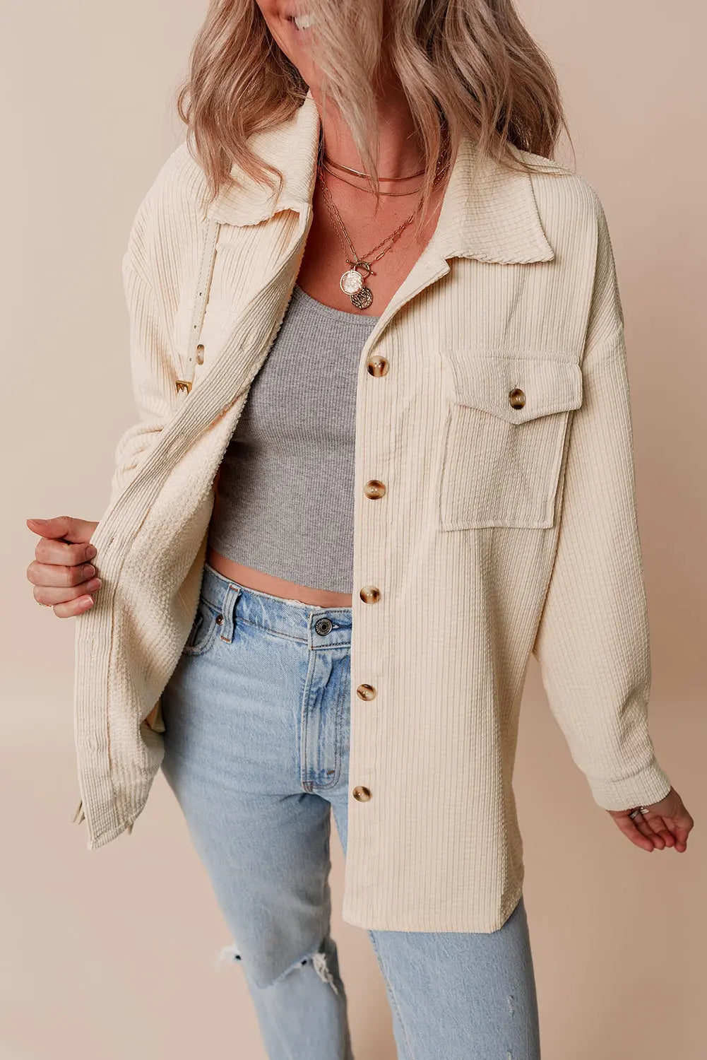 Chestnut Corduroy Flap Pocket Button Up Shacket Beagle Boutique Fashion Outlet