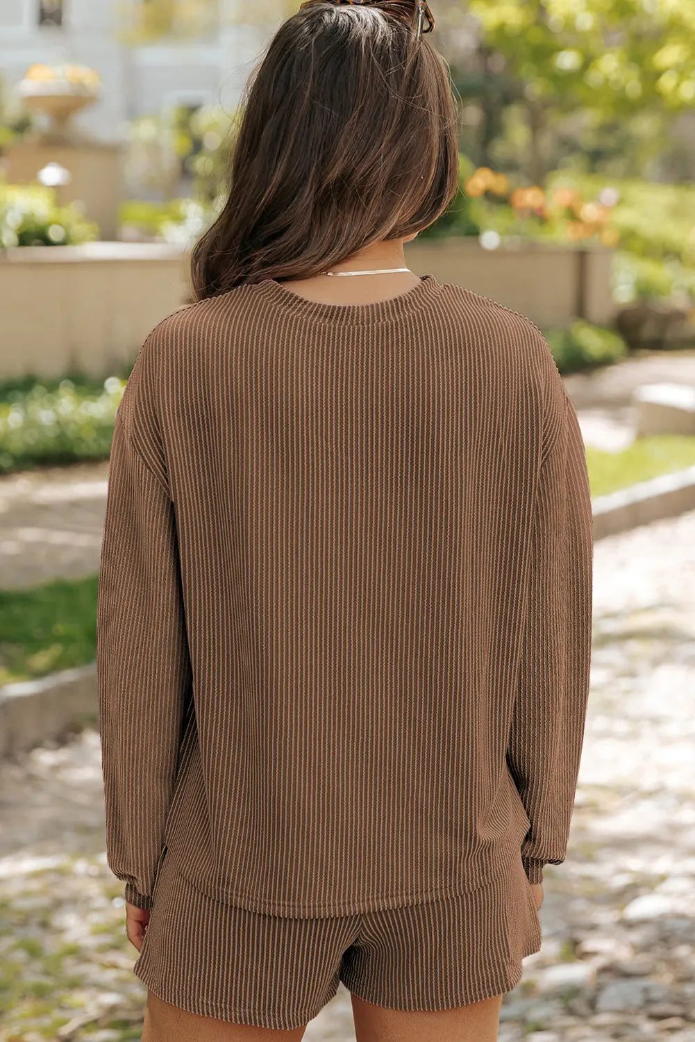 Chestnut Corduroy Knit Long Sleeve Top and High Waist Shorts Set - BB Fashion Outlet