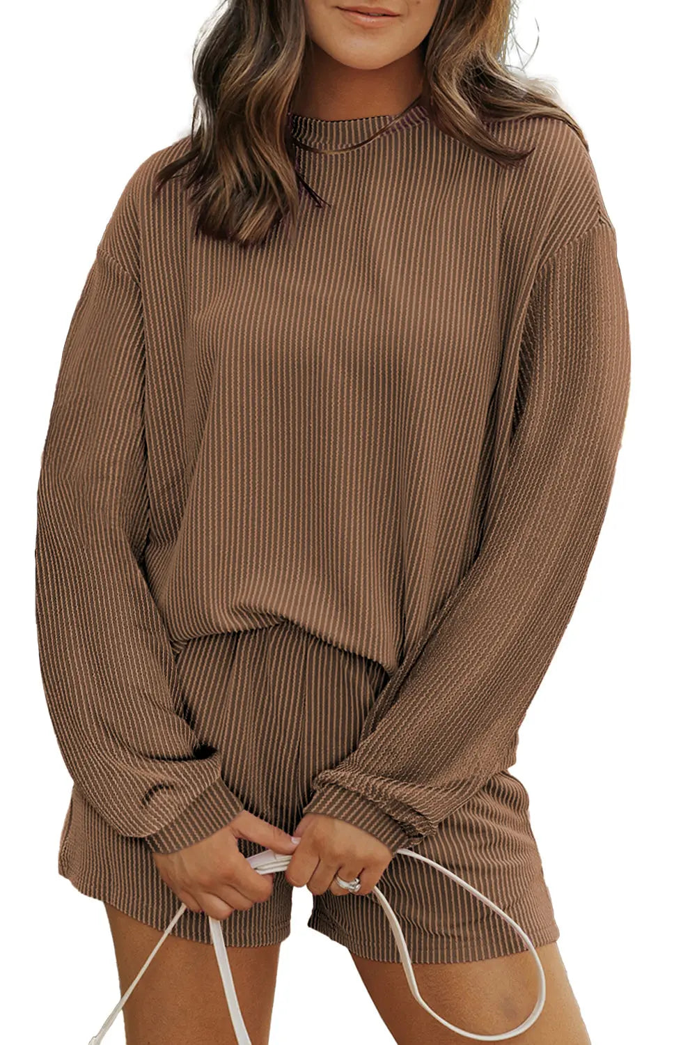 Chestnut Corduroy Knit Long Sleeve Top and High Waist Shorts Set - BB Fashion Outlet