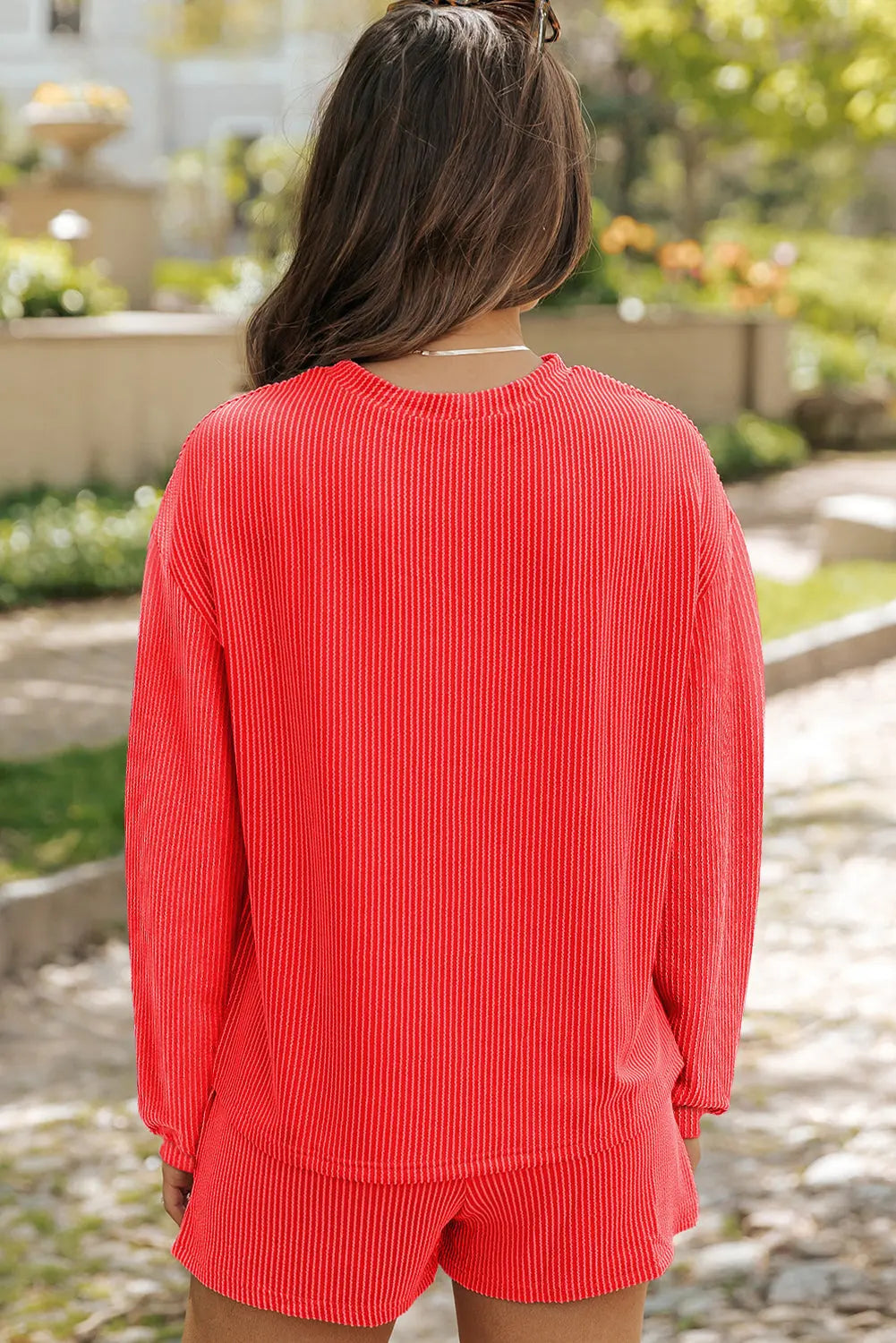 Chestnut Corduroy Knit Long Sleeve Top and High Waist Shorts Set - BB Fashion Outlet