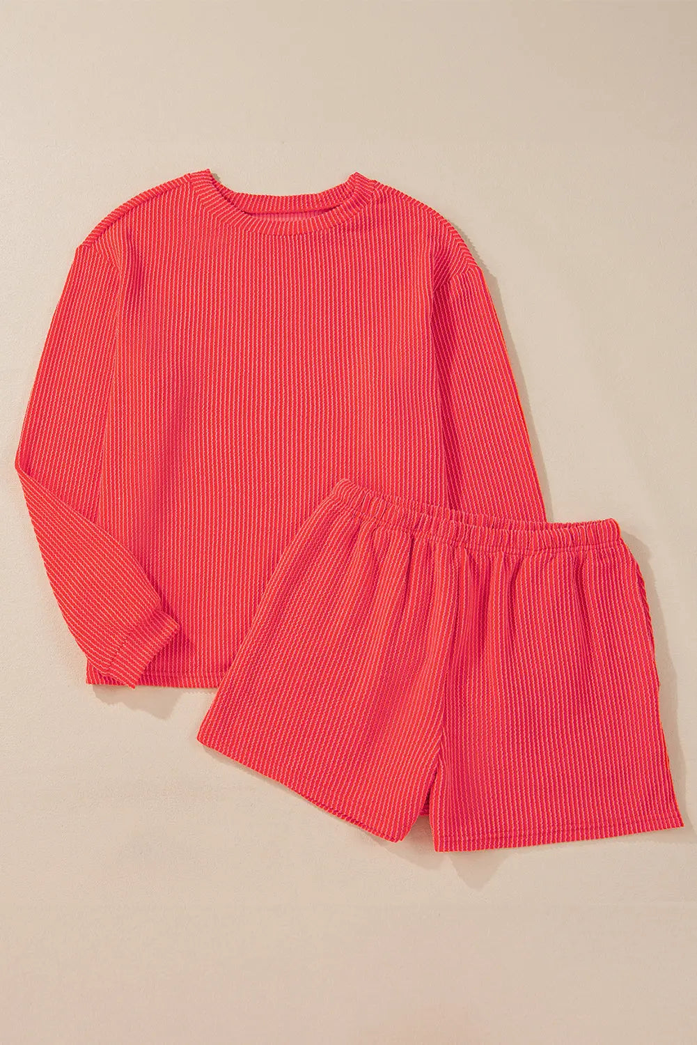 Chestnut Corduroy Knit Long Sleeve Top and High Waist Shorts Set - BB Fashion Outlet