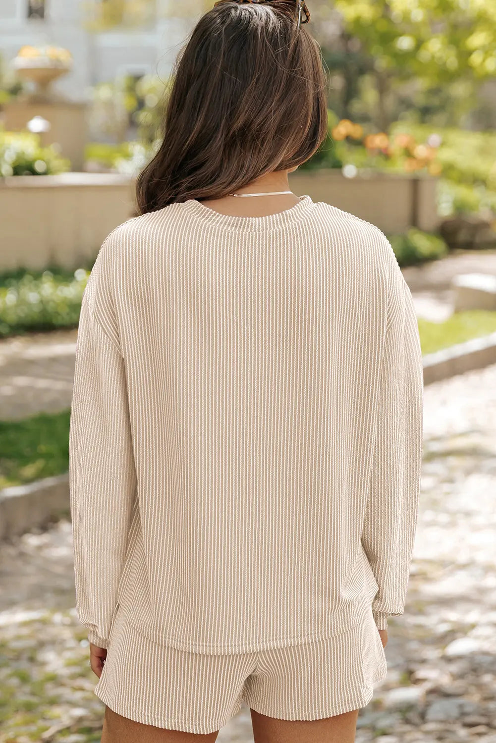 Chestnut Corduroy Knit Long Sleeve Top and High Waist Shorts Set - BB Fashion Outlet