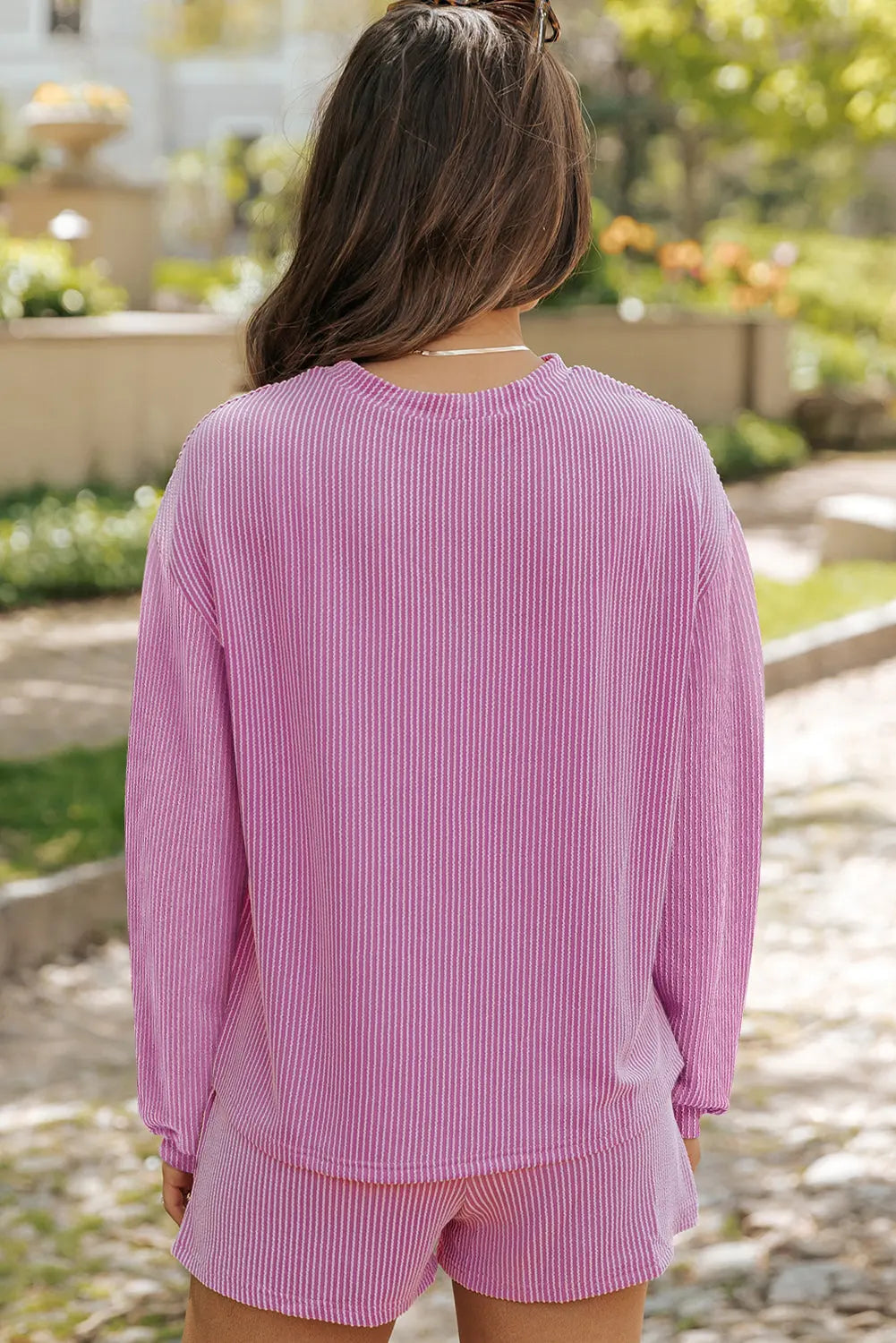 Chestnut Corduroy Knit Long Sleeve Top and High Waist Shorts Set - BB Fashion Outlet
