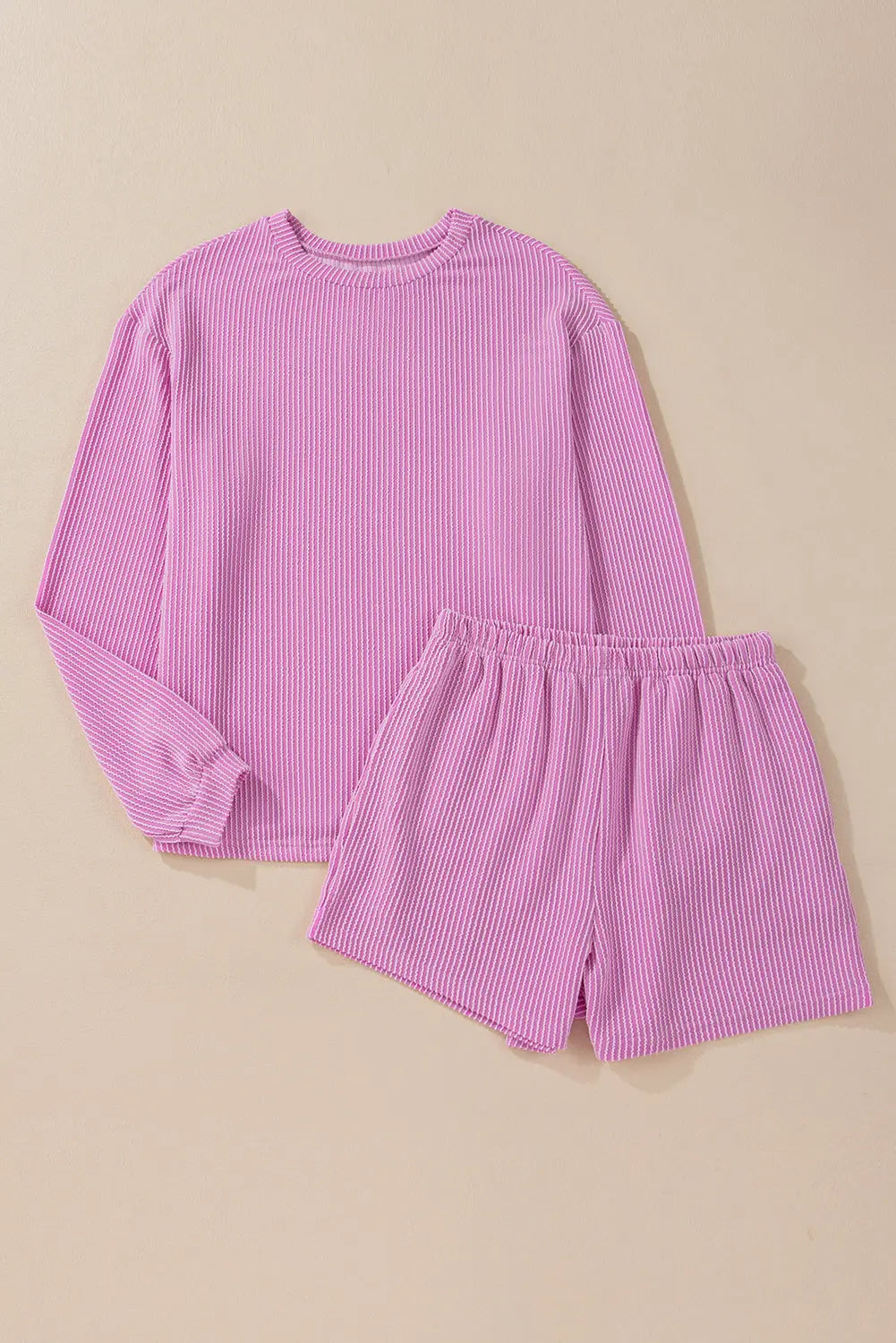 Chestnut Corduroy Knit Long Sleeve Top and High Waist Shorts Set - BB Fashion Outlet