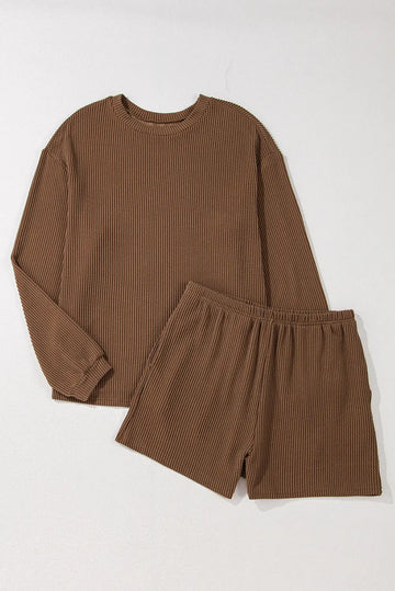 Chestnut Corduroy Knit Long Sleeve Top and High Waist Shorts Set - BB Fashion Outlet
