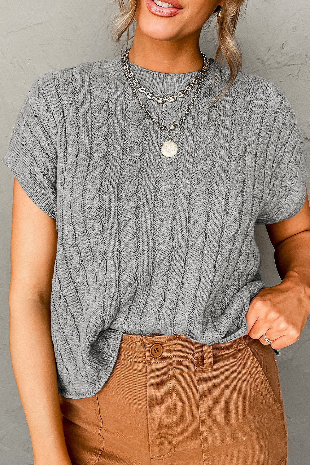 Chestnut Crew Neck Cable Knit Short Sleeve Sweater - eAura