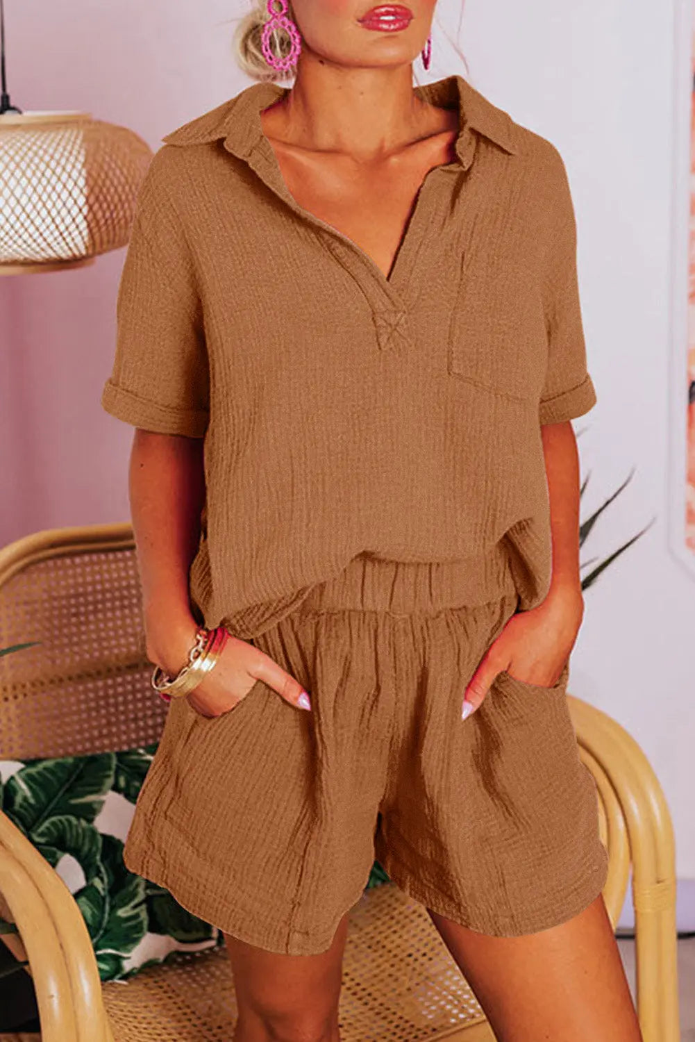 Chestnut Crinkle Textured Polo Shirt and High Waist Shorts Set Dear-Lover Dropshipping