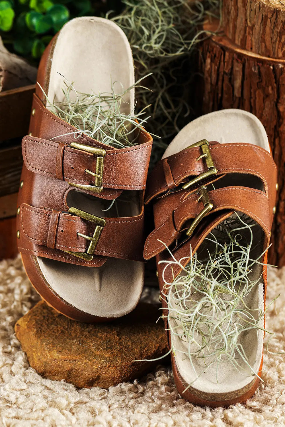 Chestnut Dual Buckle Studded Platform Sandals Beagle Boutique Fashion Outlet