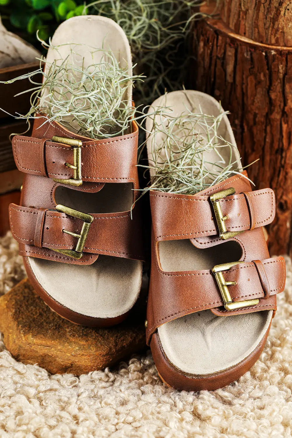 Chestnut Dual Buckle Studded Platform Sandals Beagle Boutique Fashion Outlet