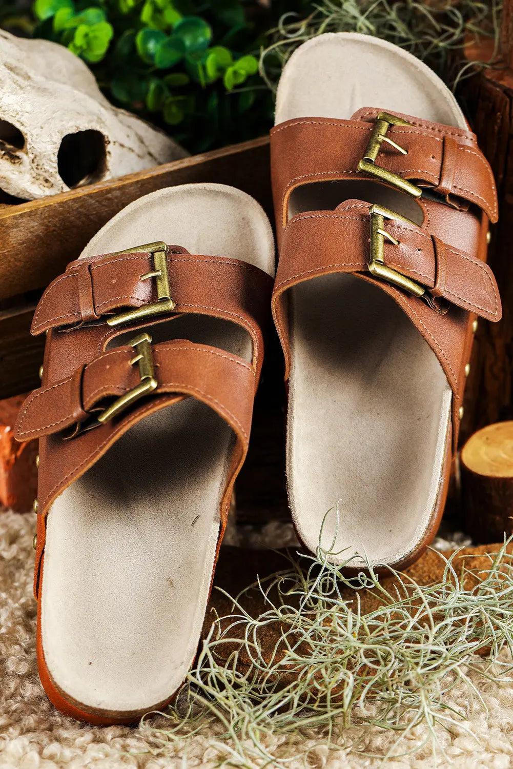 Chestnut Dual Buckle Studded Platform Sandals Beagle Boutique Fashion Outlet
