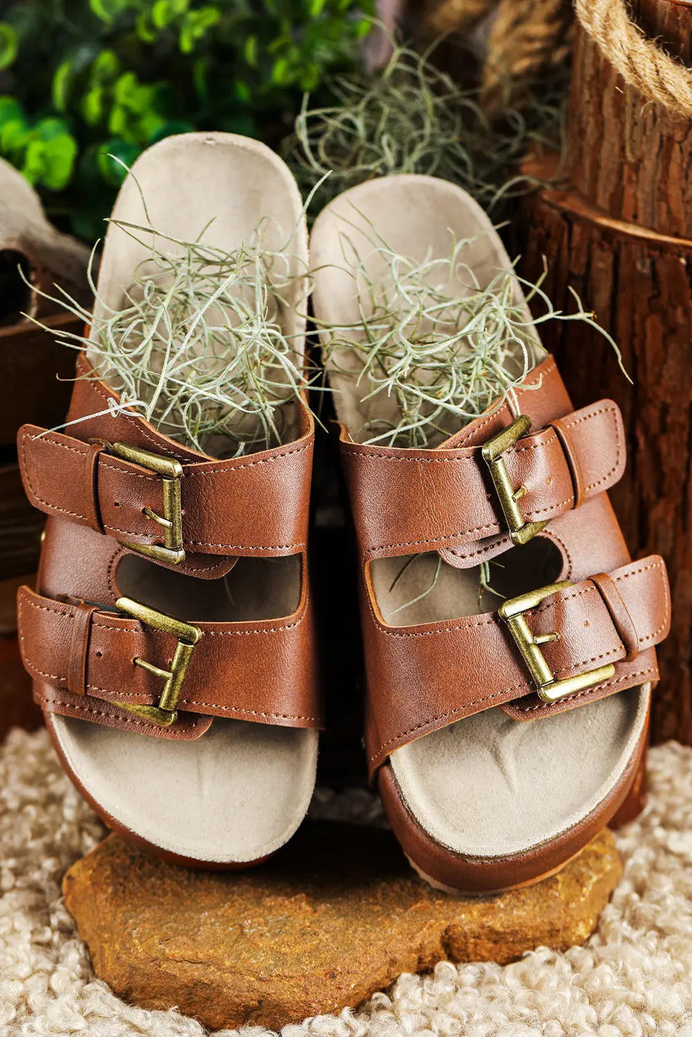 Chestnut Dual Buckle Studded Platform Sandals Beagle Boutique Fashion Outlet