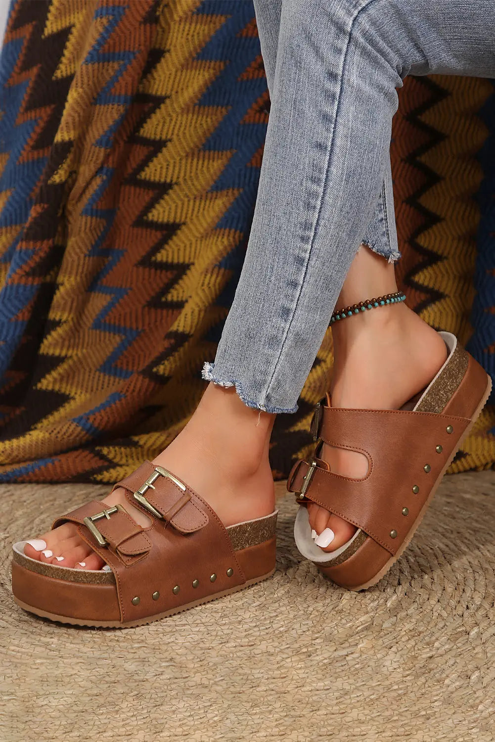 Chestnut Dual Buckle Studded Platform Sandals Beagle Boutique Fashion Outlet
