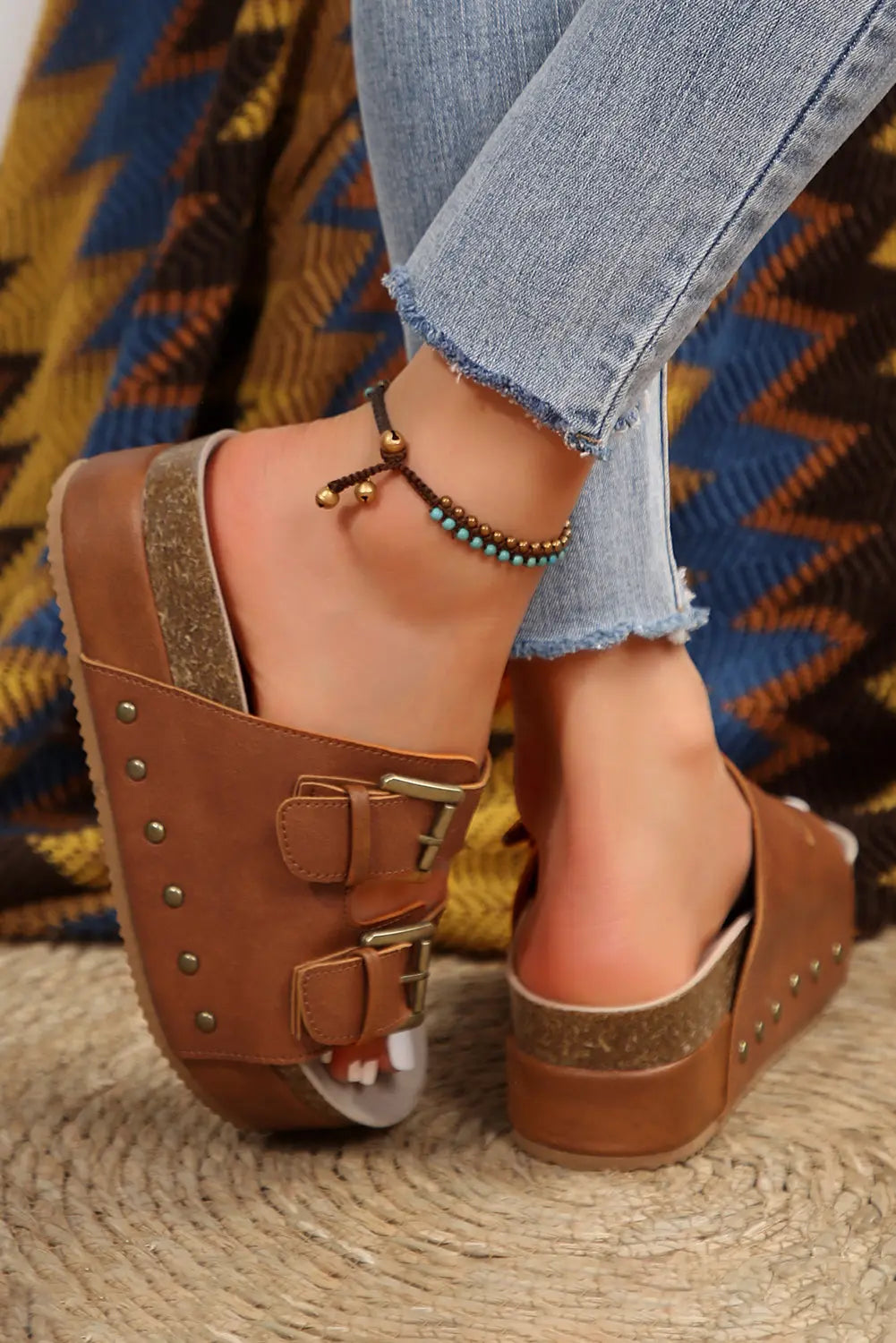 Chestnut Dual Buckle Studded Platform Sandals Beagle Boutique Fashion Outlet