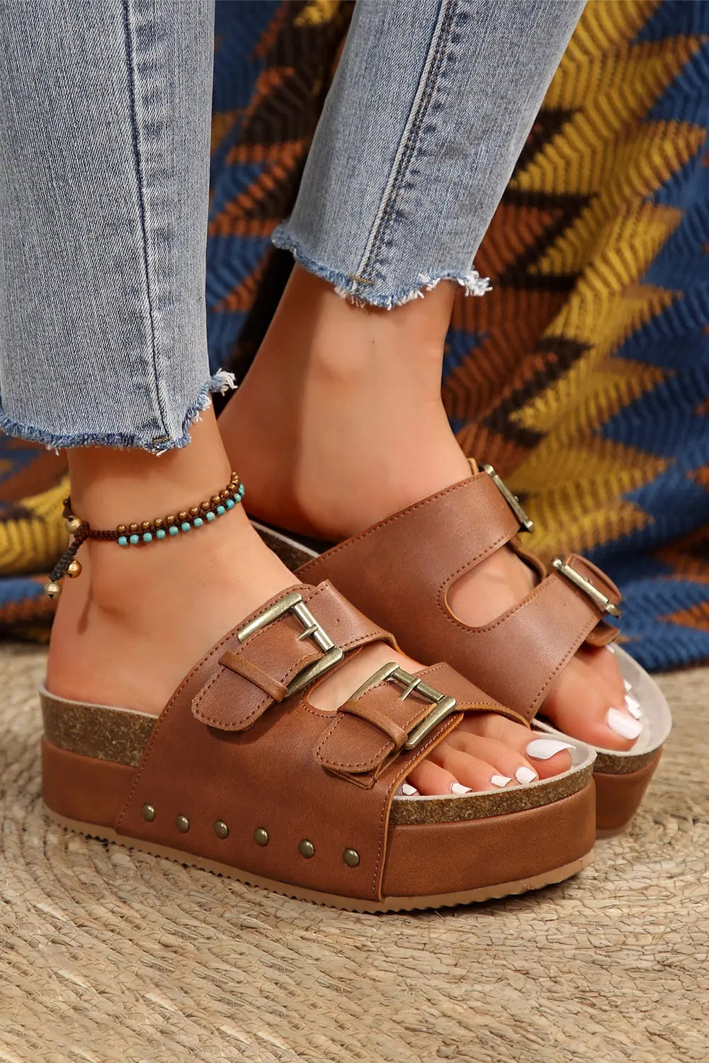Chestnut Dual Buckle Studded Platform Sandals Beagle Boutique Fashion Outlet