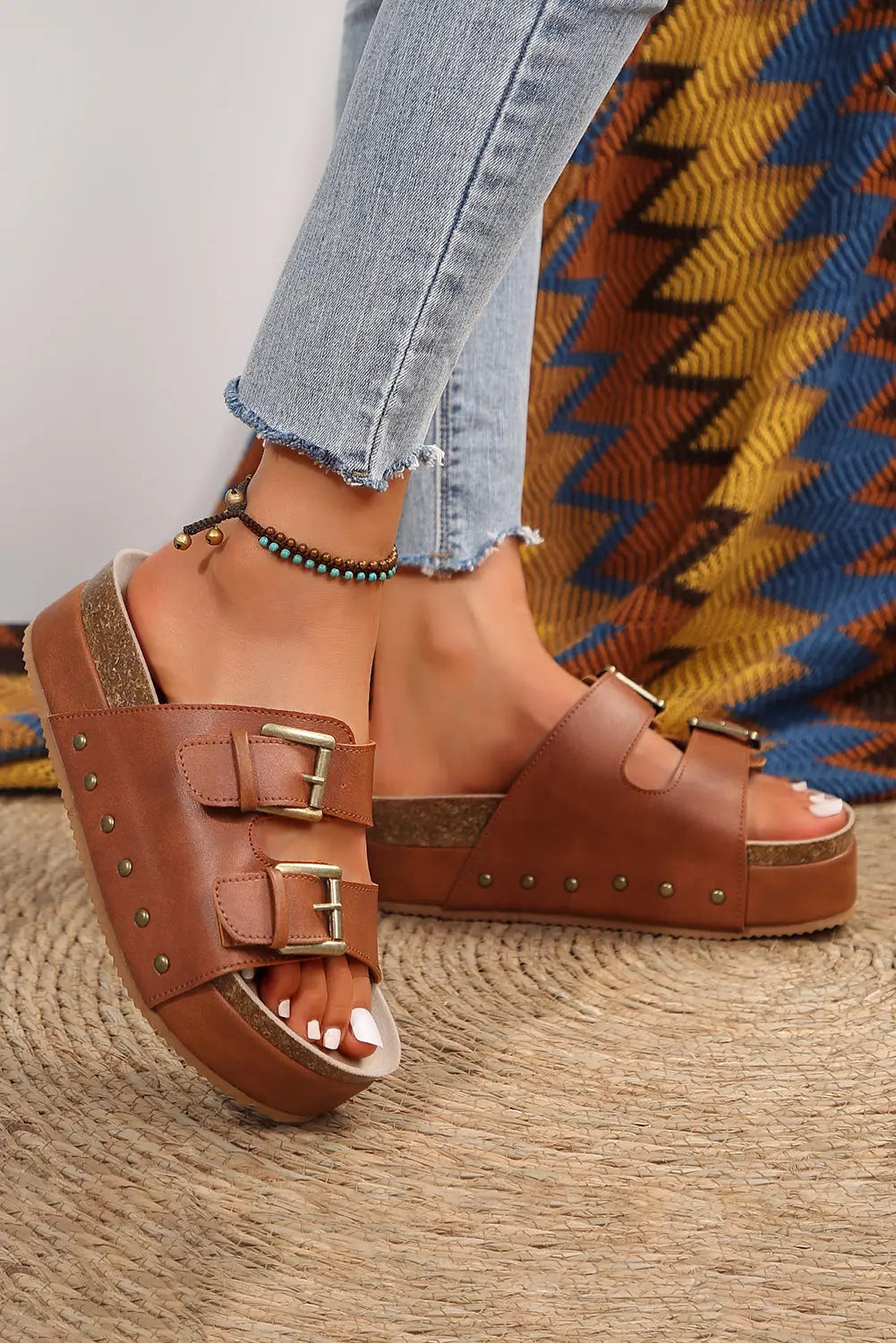 Chestnut Dual Buckle Studded Platform Sandals Beagle Boutique Fashion Outlet