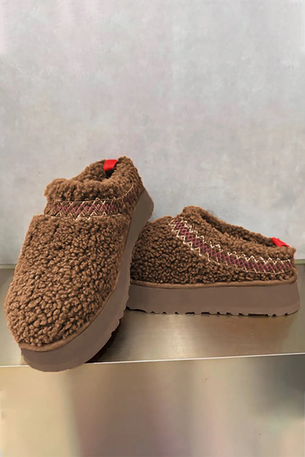Chestnut Embroidered Sherpa Plush Thick Slippers Beagle Boutique Fashion Outlet