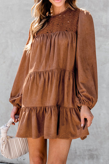 Chestnut Floral Lace Crochet Tiered Ruffled Mini Dress - CHESTNUT / S / 90% POLYESTER + 10% ELASTANE - Dresses/Mini