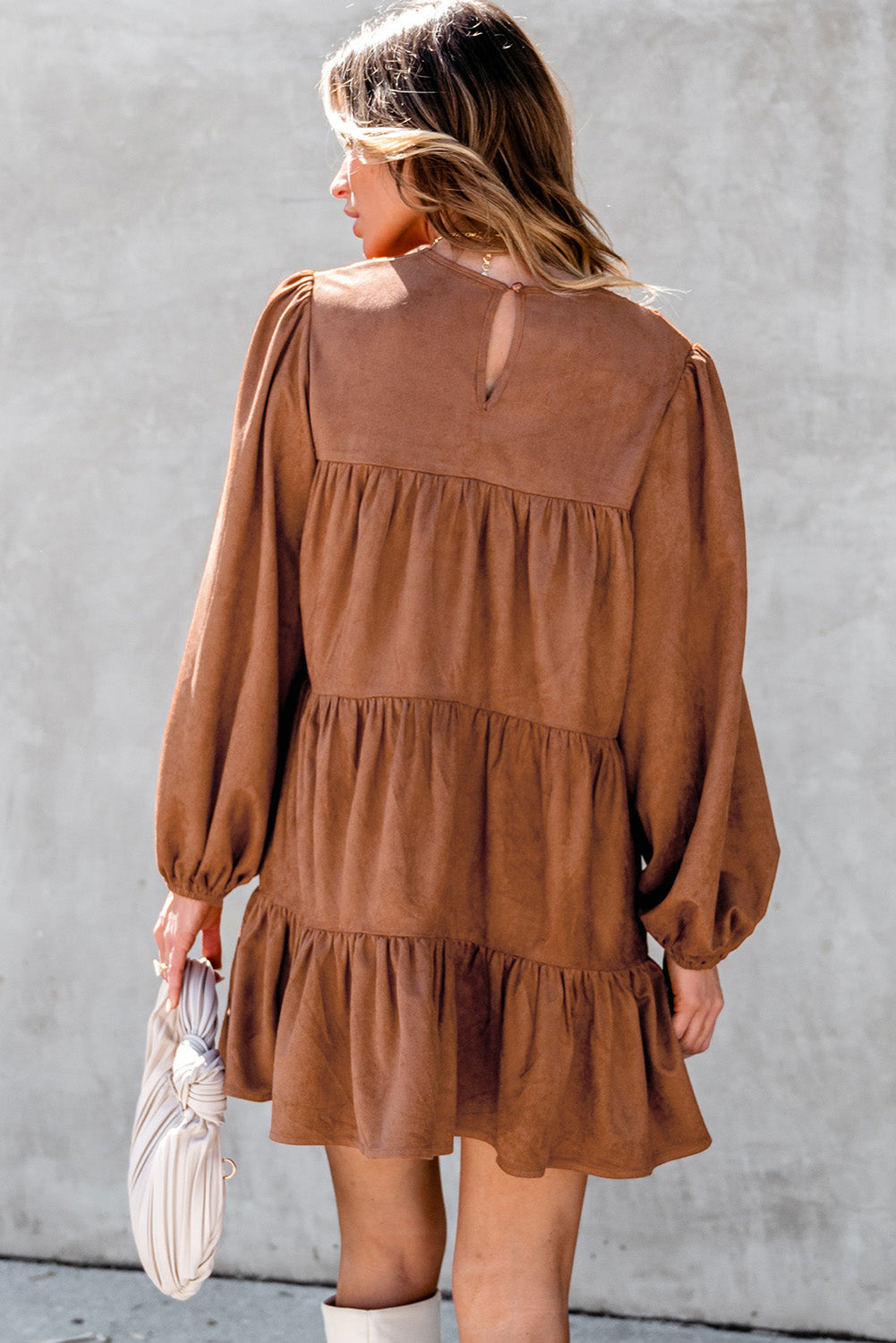 Chestnut Floral Lace Crochet Tiered Ruffled Mini Dress - Dresses/Mini Dresses