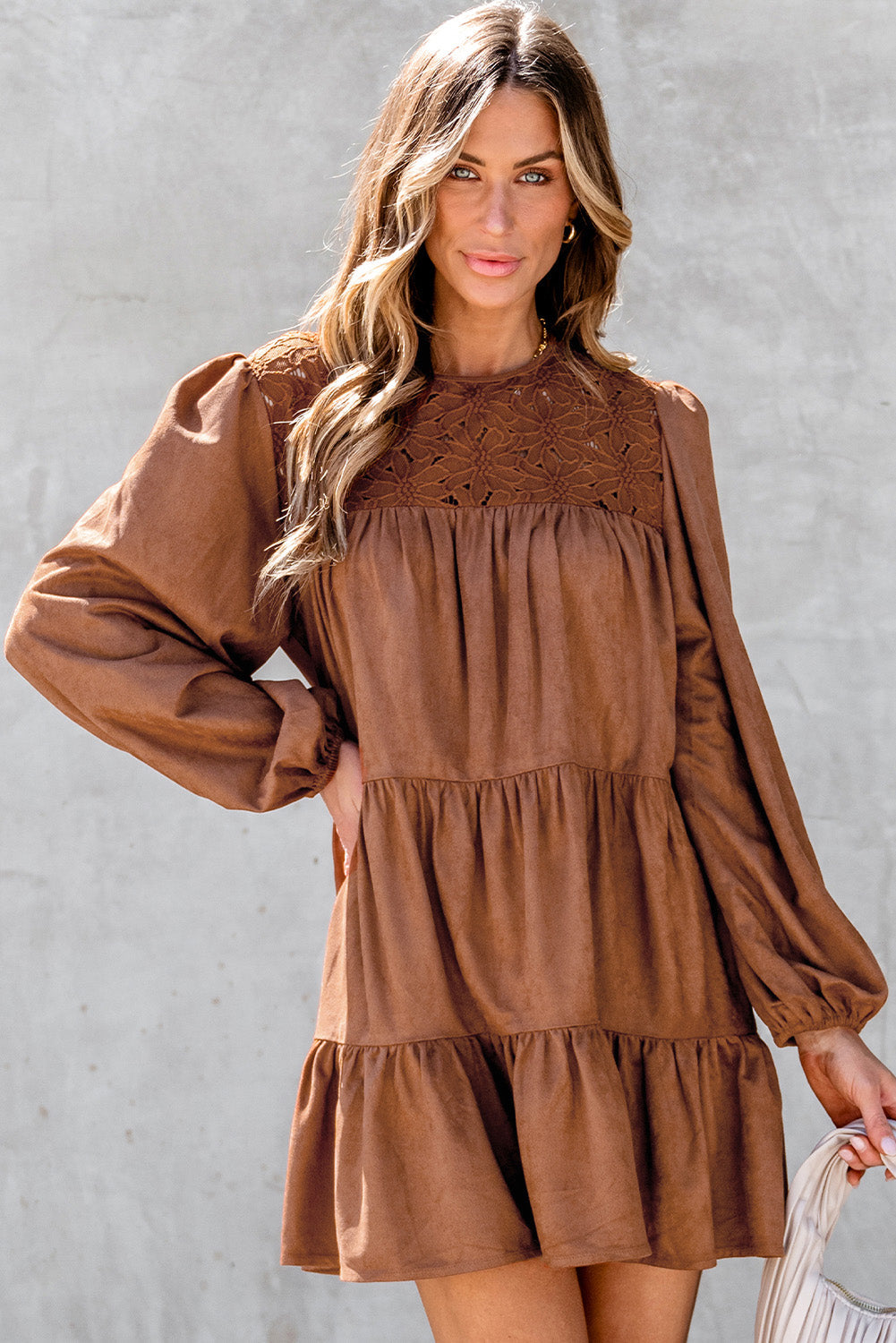 Chestnut Floral Lace Crochet Tiered Ruffled Mini Dress - Dresses/Mini Dresses