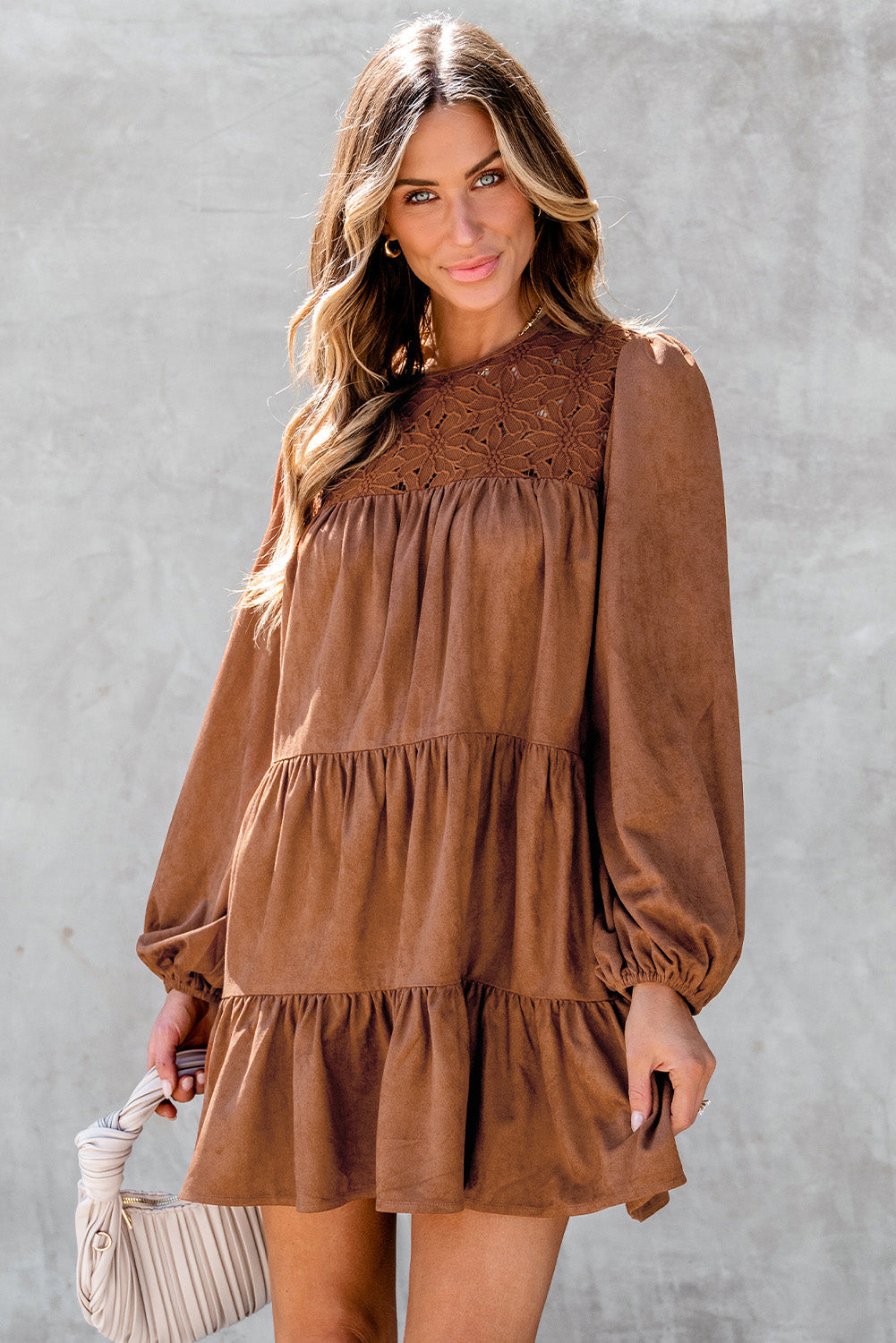 Chestnut Floral Lace Crochet Tiered Ruffled Mini Dress - Dresses/Mini Dresses