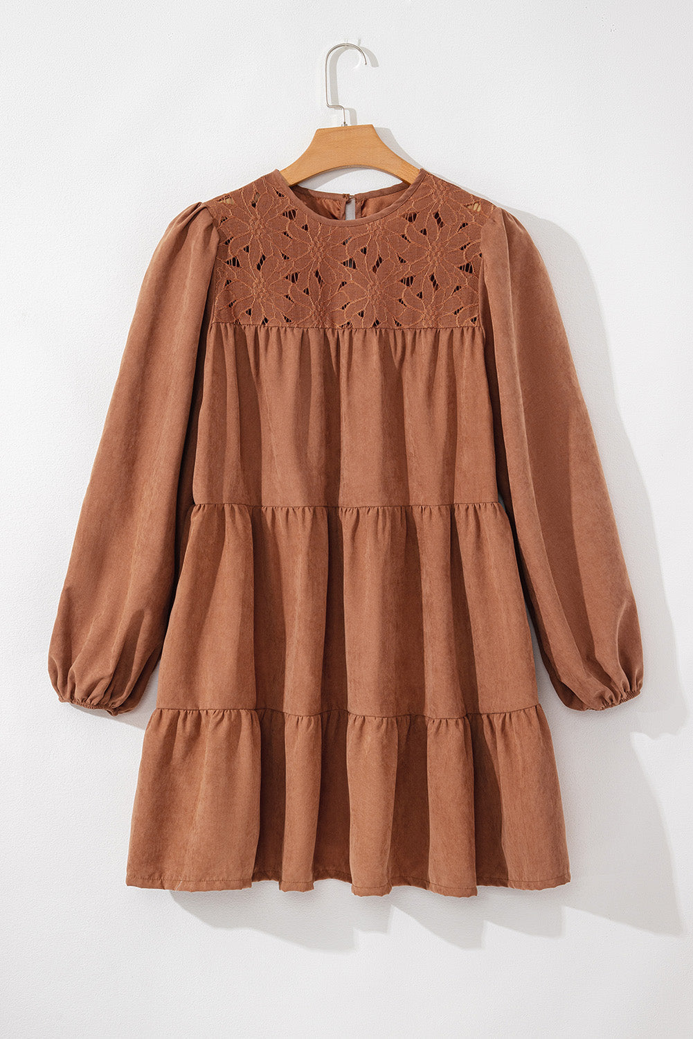 Chestnut Floral Lace Crochet Tiered Ruffled Mini Dress - Dresses/Mini Dresses