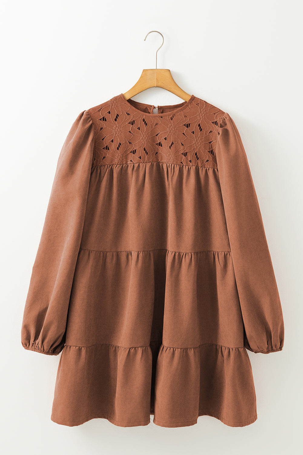 Chestnut Floral Lace Crochet Tiered Ruffled Mini Dress - Dresses/Mini Dresses