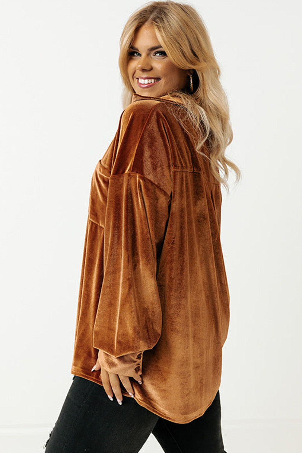 Chestnut Plus Size Velvet Chest Pocket Drop Shoulder Shirt - Size/Plus Tops/Plus Blouses & Shirts