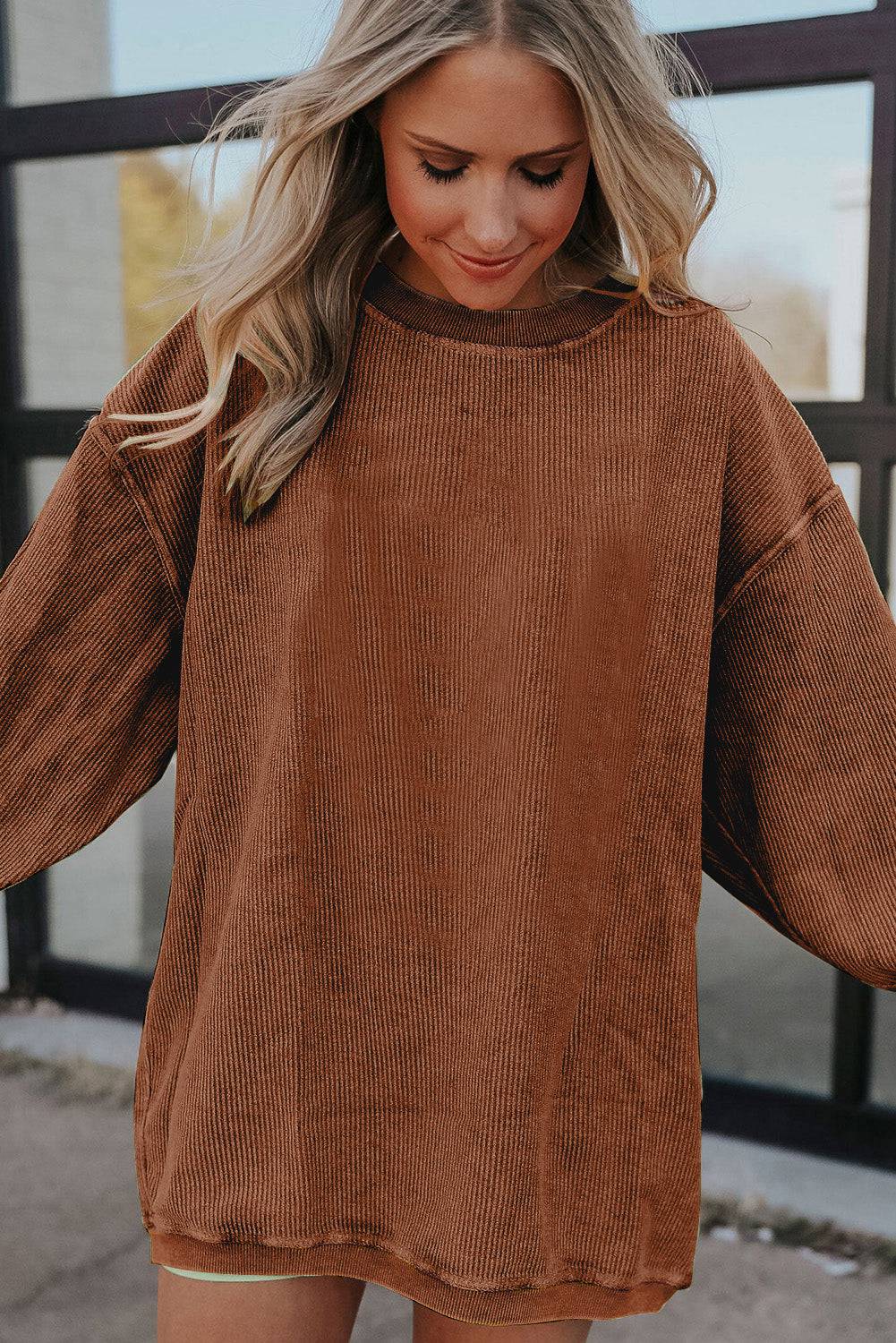 Chestnut Ribbed Corduroy Oversized Sweatshirt - eAura