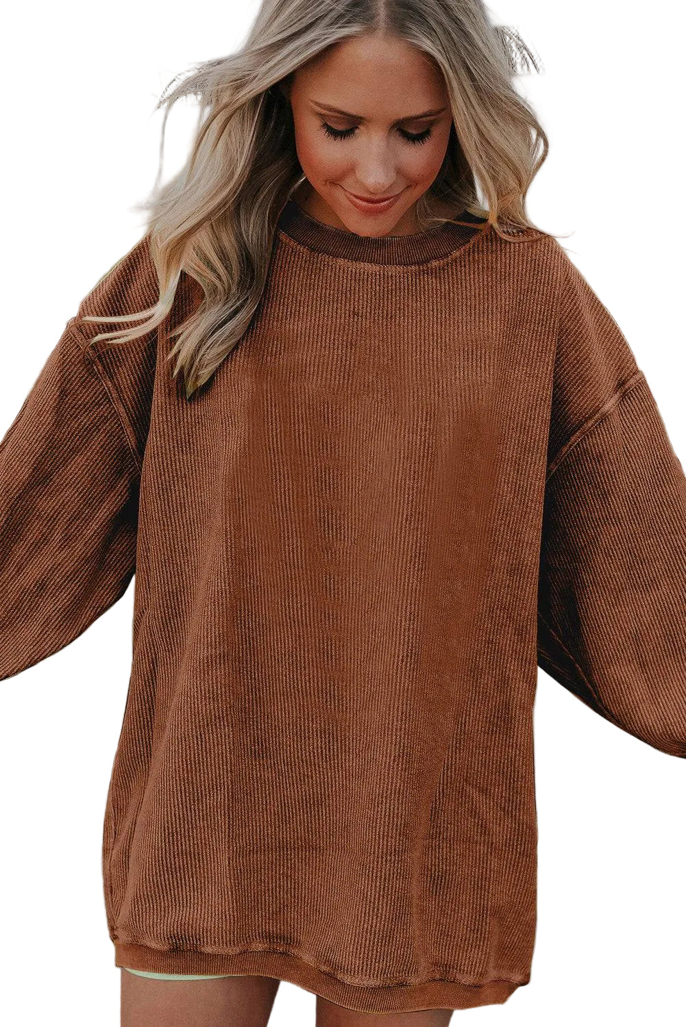 Chestnut Ribbed Corduroy Oversized Sweatshirt - Tops/Sweatshirts & Hoodies