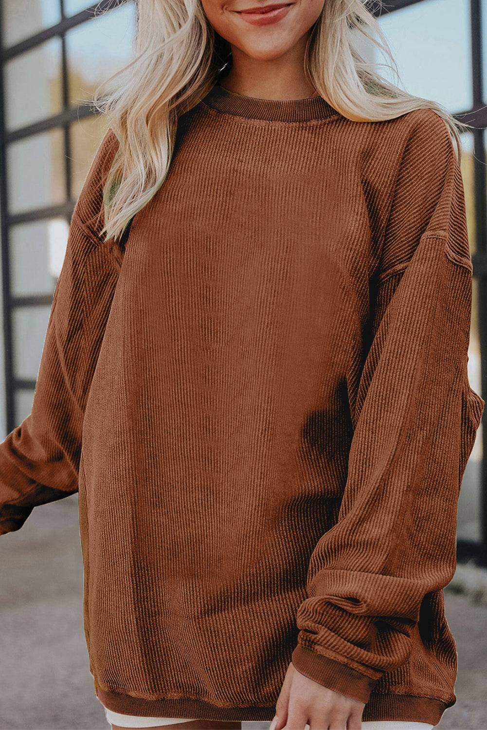 Chestnut Ribbed Corduroy Oversized Sweatshirt - CHESTNUT / S / 100% POLYESTER - Tops/Sweatshirts & Hoodies