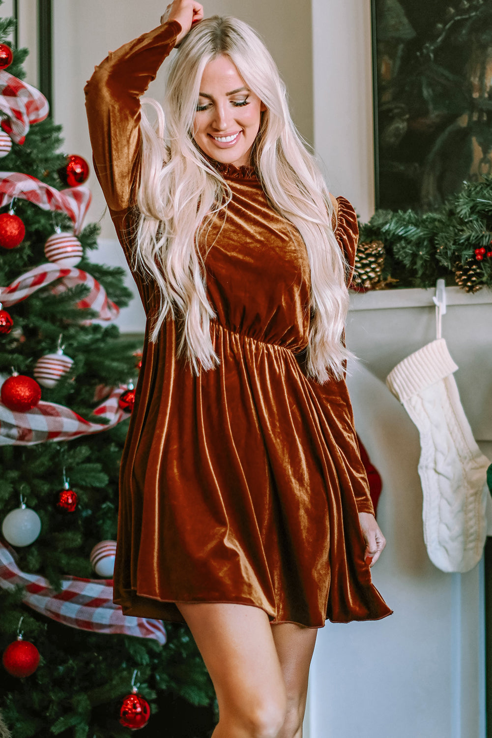 Chestnut Velvet Frilled Neck Gigot Sleeve Swing Dress - eAura