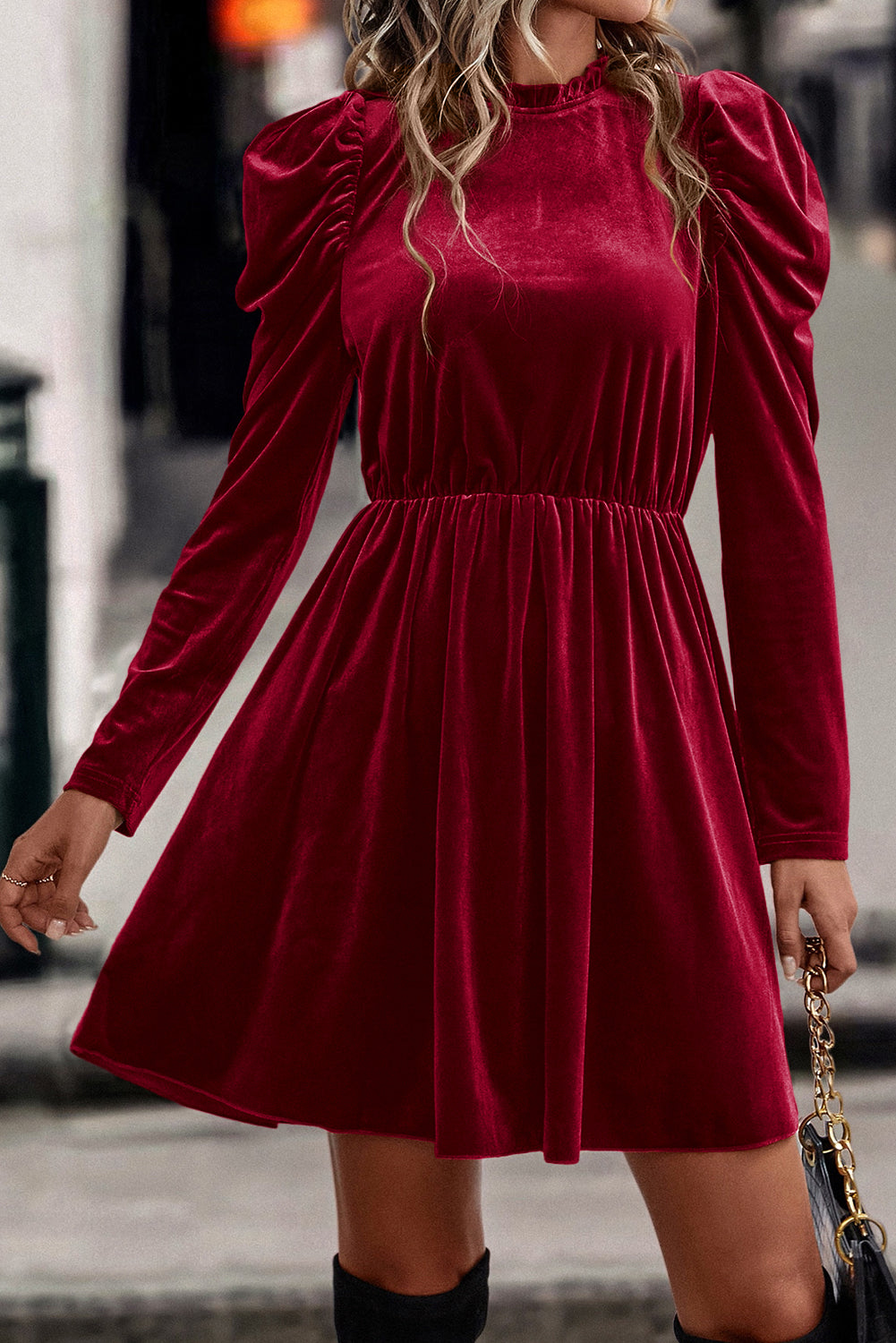 Chestnut Velvet Frilled Neck Gigot Sleeve Swing Dress - eAura