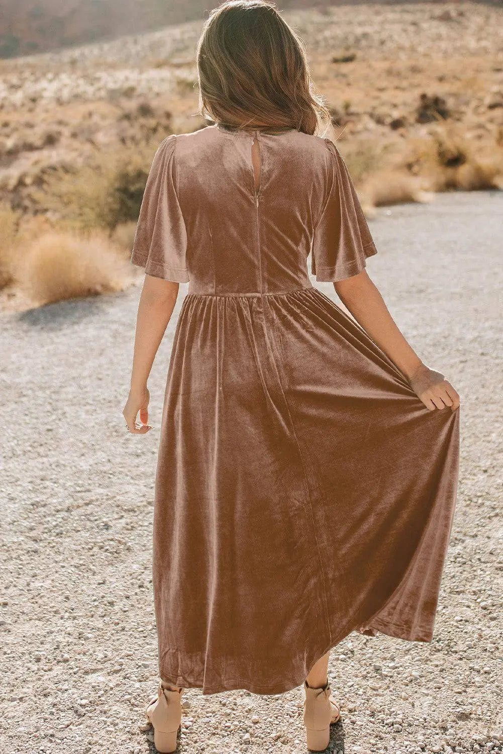 Chestnut Velvet Lacy V Neckline Short Sleeve Empire Waist Flowy Maxi Dress - BB Fashion Outlet