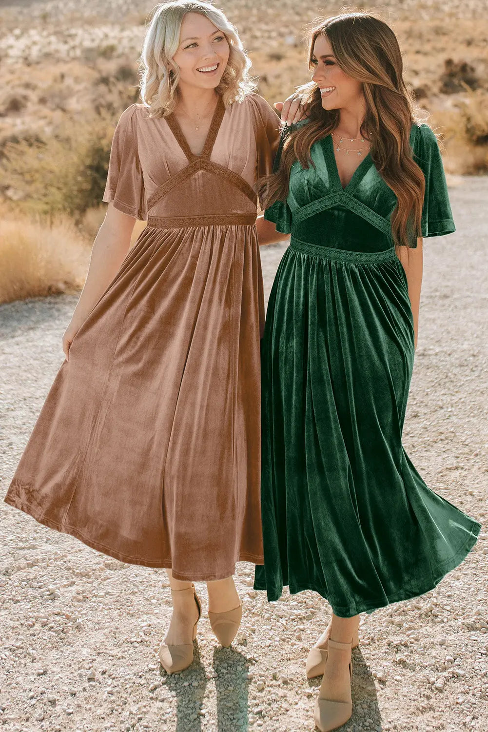 Chestnut Velvet Lacy V Neckline Short Sleeve Empire Waist Flowy Maxi Dress - BB Fashion Outlet