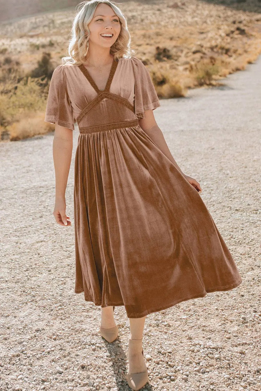 Chestnut Velvet Lacy V Neckline Short Sleeve Empire Waist Flowy Maxi Dress - BB Fashion Outlet