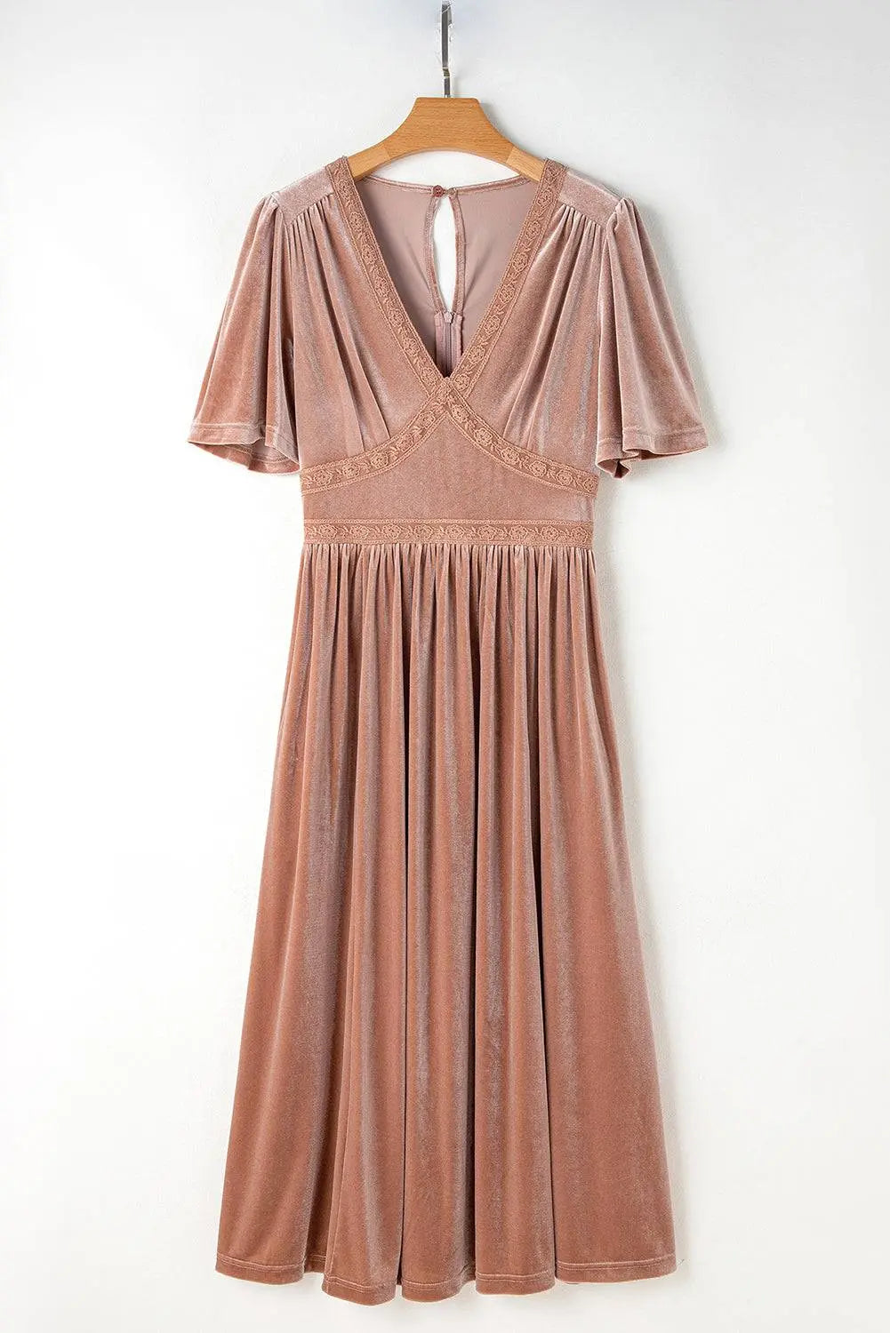 Chestnut Velvet Lacy V Neckline Short Sleeve Empire Waist Flowy Maxi Dress - BB Fashion Outlet