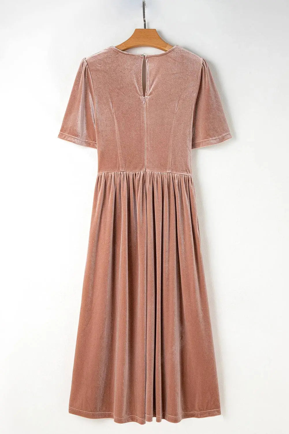 Chestnut Velvet Lacy V Neckline Short Sleeve Empire Waist Flowy Maxi Dress - BB Fashion Outlet