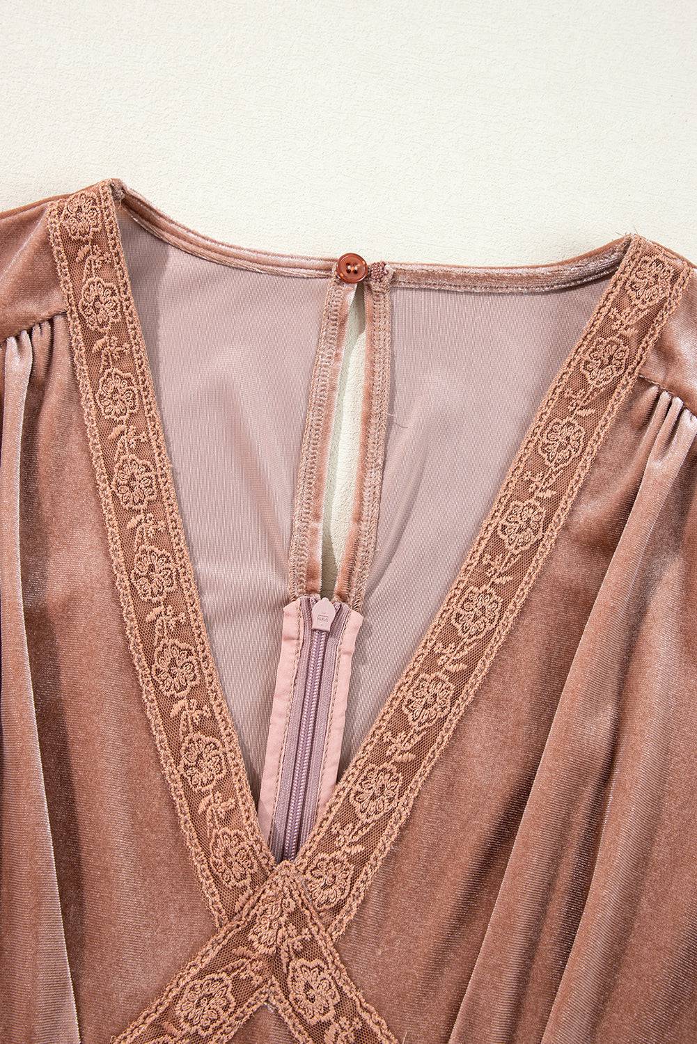 Chestnut Velvet Lacy V Neckline Short Sleeve Empire Waist Flowy Maxi Dress - BB Fashion Outlet