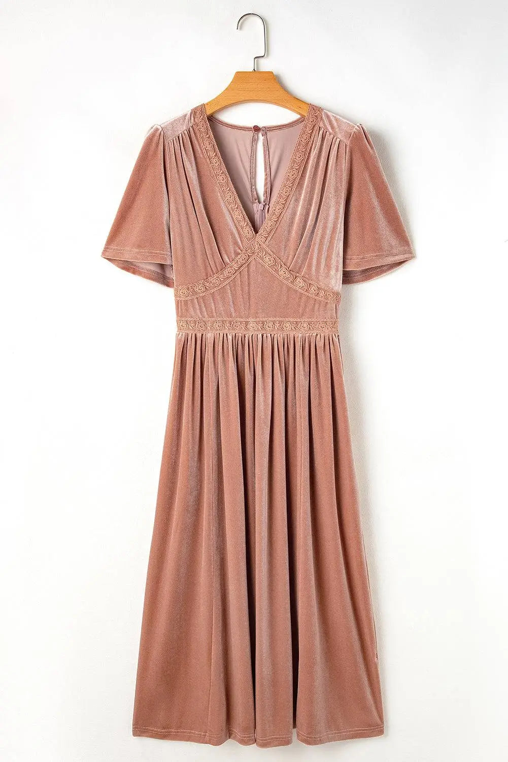 Chestnut Velvet Lacy V Neckline Short Sleeve Empire Waist Flowy Maxi Dress - BB Fashion Outlet