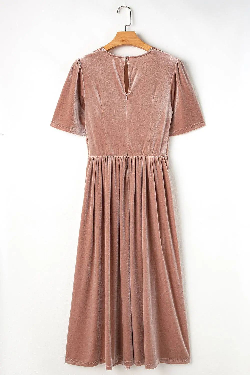 Chestnut Velvet Lacy V Neckline Short Sleeve Empire Waist Flowy Maxi Dress - BB Fashion Outlet