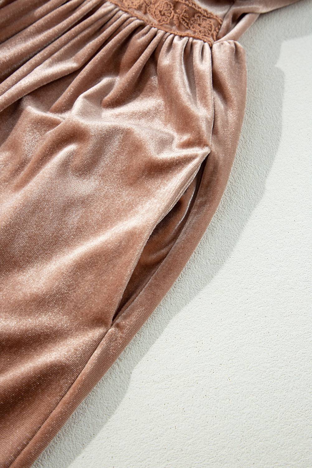 Chestnut Velvet Lacy V Neckline Short Sleeve Empire Waist Flowy Maxi Dress - BB Fashion Outlet