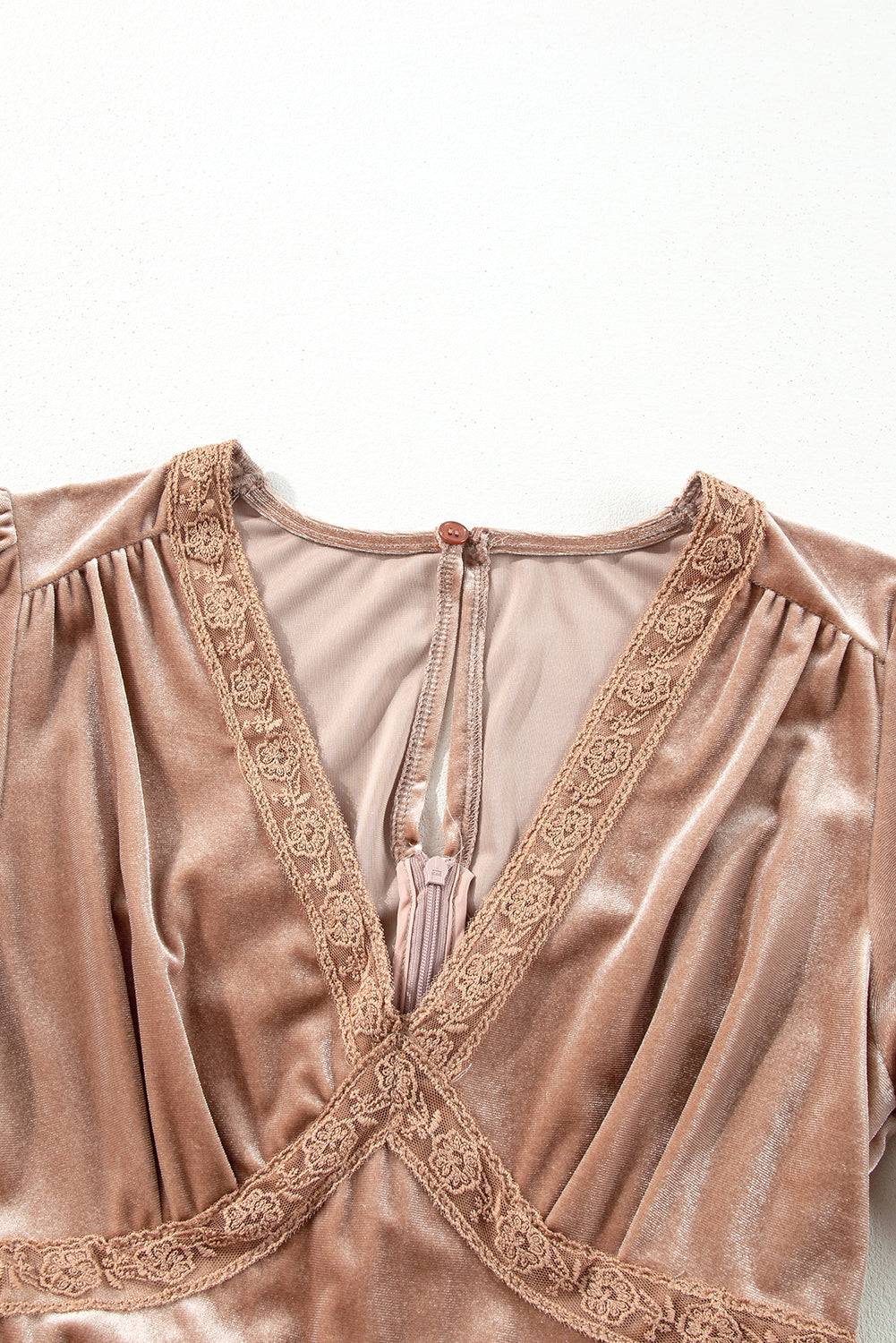 Chestnut Velvet Lacy V Neckline Short Sleeve Empire Waist Flowy Maxi Dress - BB Fashion Outlet