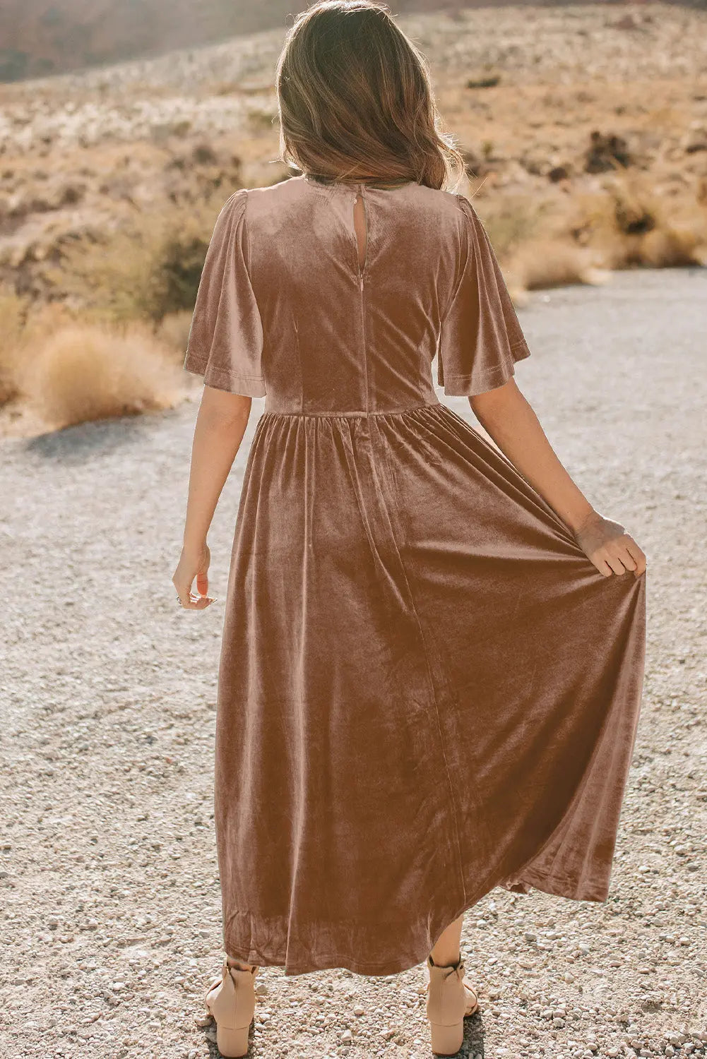 Chestnut Velvet Lacy V Neckline Short Sleeve Empire Waist Flowy Maxi Dress - eAura