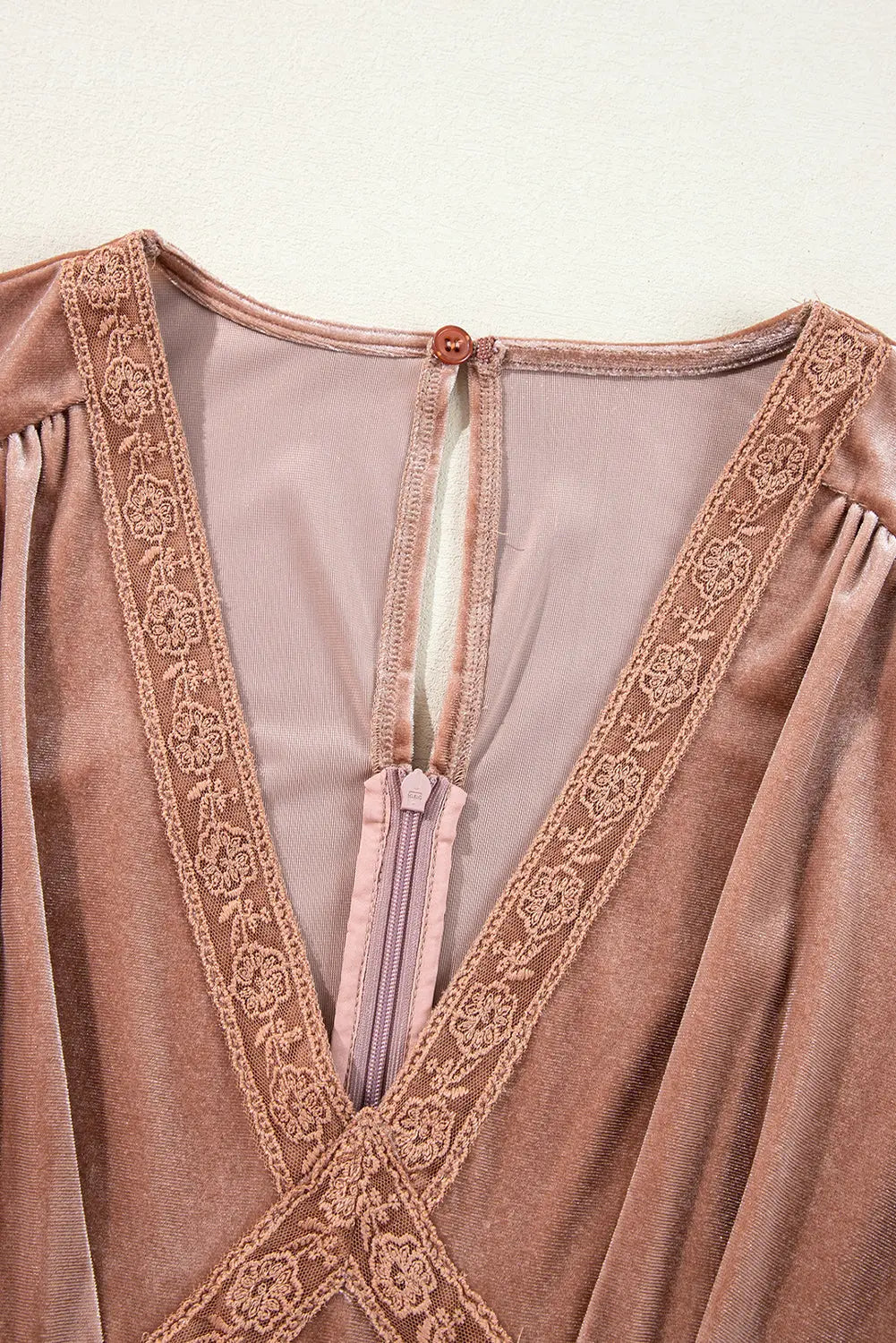 Chestnut Velvet Lacy V Neckline Short Sleeve Empire Waist Flowy Maxi Dress - eAura