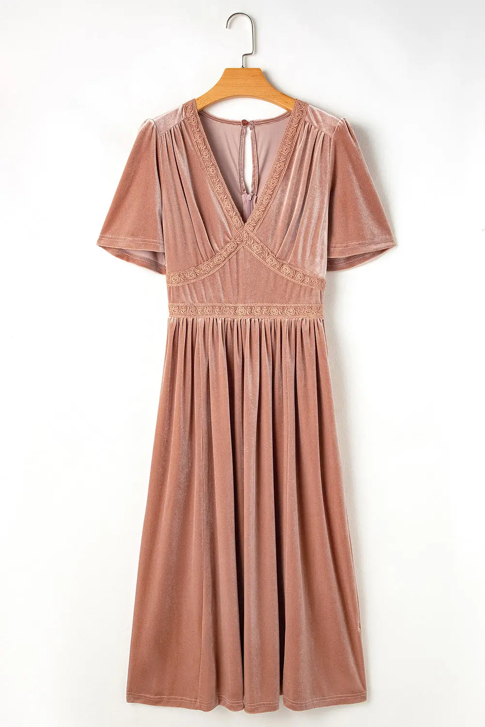 Chestnut Velvet Lacy V Neckline Short Sleeve Empire Waist Flowy Maxi Dress - eAura
