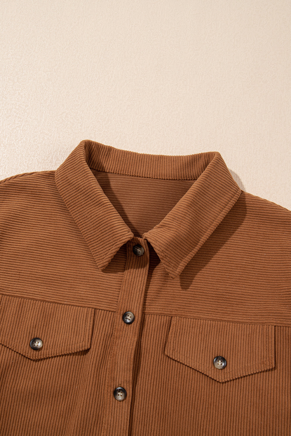 Cinnamon Corduroy Flap Pocket Button Up Round Hem Shacket - Outerwear/Jackets