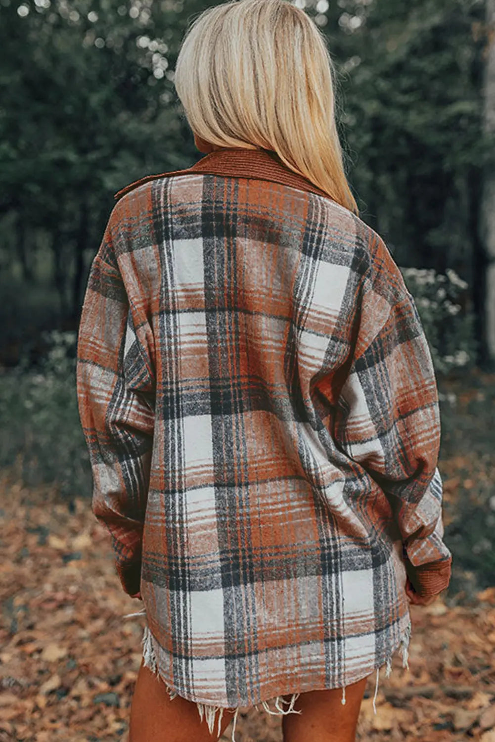 Cinnamon Plaid Corduroy Patchwork Chest Pocket Shacket Beagle Boutique Fashion Outlet