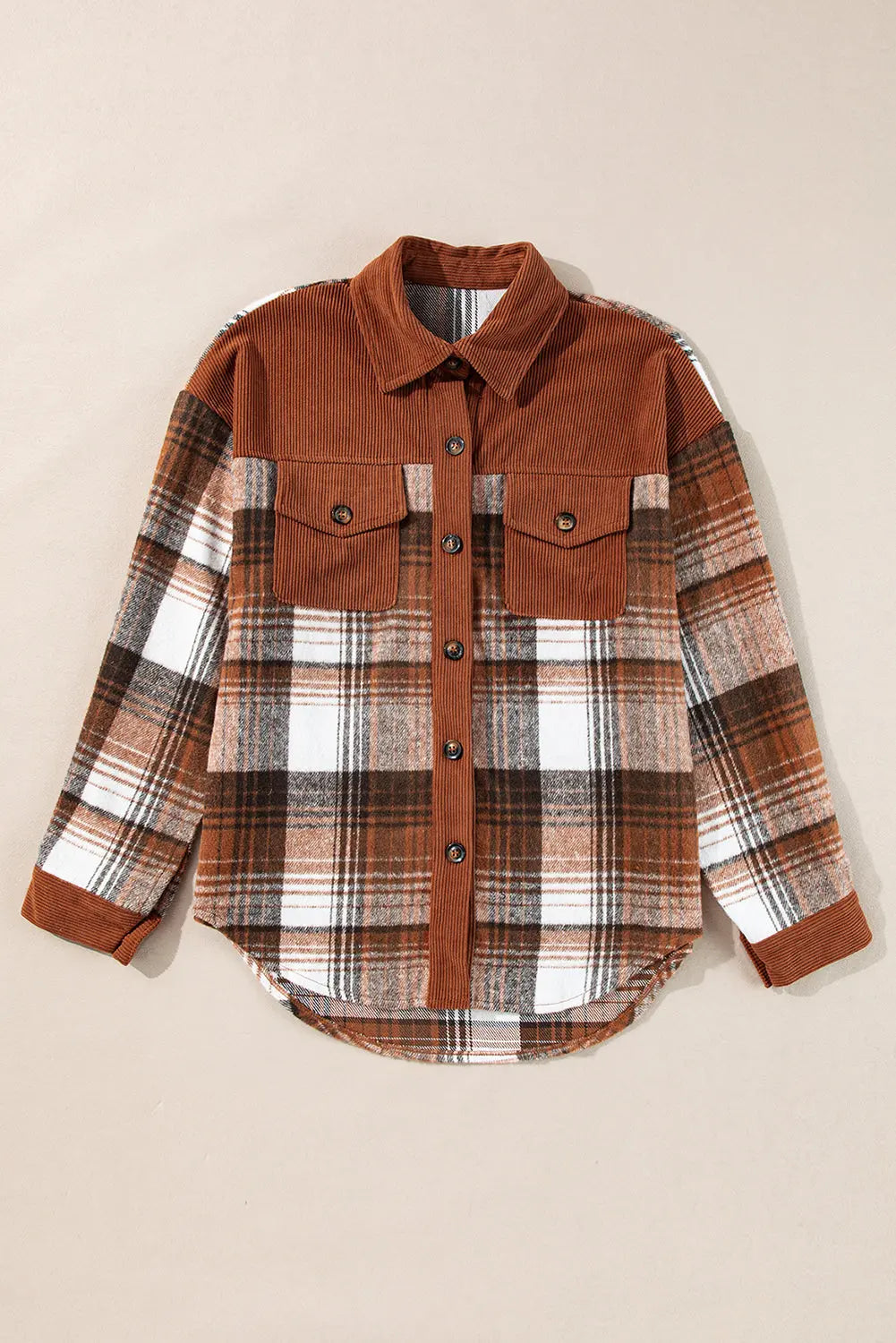 Cinnamon Plaid Corduroy Patchwork Chest Pocket Shacket Beagle Boutique Fashion Outlet