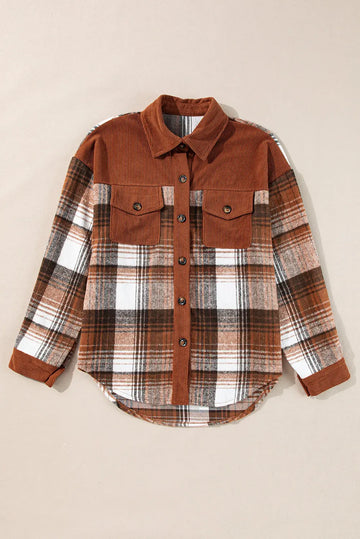 Cinnamon Plaid Corduroy Patchwork Chest Pocket Shacket Beagle Boutique Fashion Outlet